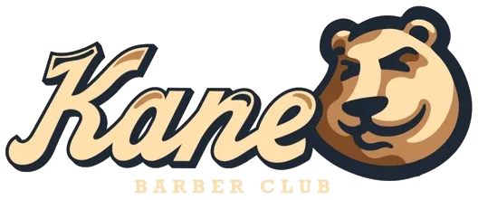 Logo da Kane Barber Club: o nome em letra manuscrita ao lado da cabeça de um urso